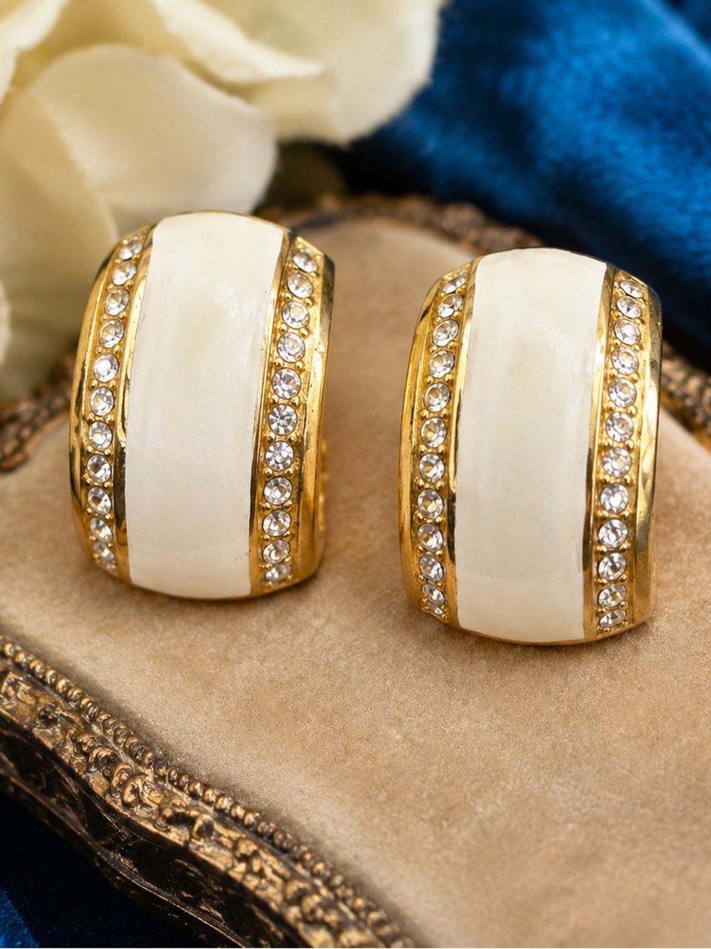 Vintage Christian Dior Cream Enamel Rhinestone Clip Earrings